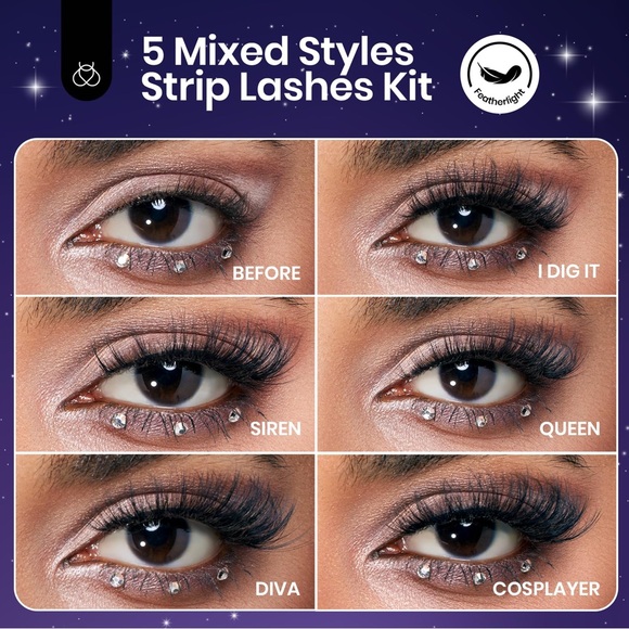 Easy False Eyelashes Zero Gravity Collection 5 pairs of Mixed with Tweezers - Picture 2 of 14